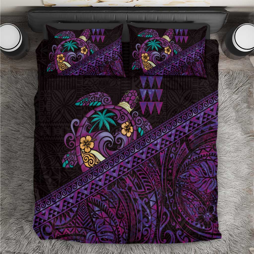 Hawaiian Abstract Sea Turtle Bedding Set Polynesian Tapa Art and Kakau Tattoo Purple WaterColor - Polynesian Pride