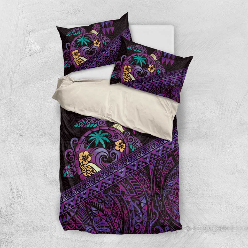 Hawaiian Abstract Sea Turtle Bedding Set Polynesian Tapa Art and Kakau Tattoo Purple WaterColor - Polynesian Pride