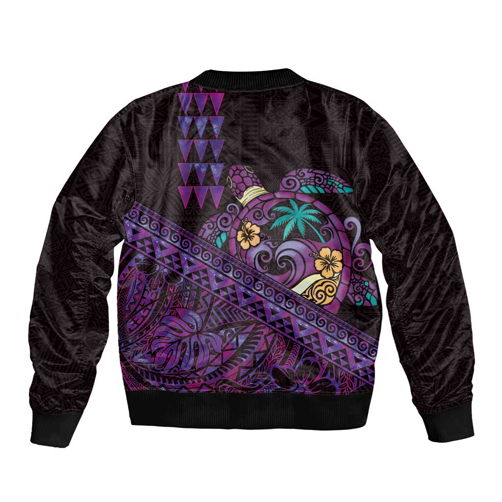 Hawaiian Abstract Sea Turtle Bomber Jacket Polynesian Tapa Art and Kakau Tattoo Purple WaterColor - Polynesian Pride