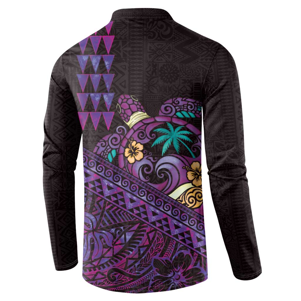 Hawaiian Abstract Sea Turtle Button Sweatshirt Polynesian Tapa Art and Kakau Tattoo Purple WaterColor - Polynesian Pride