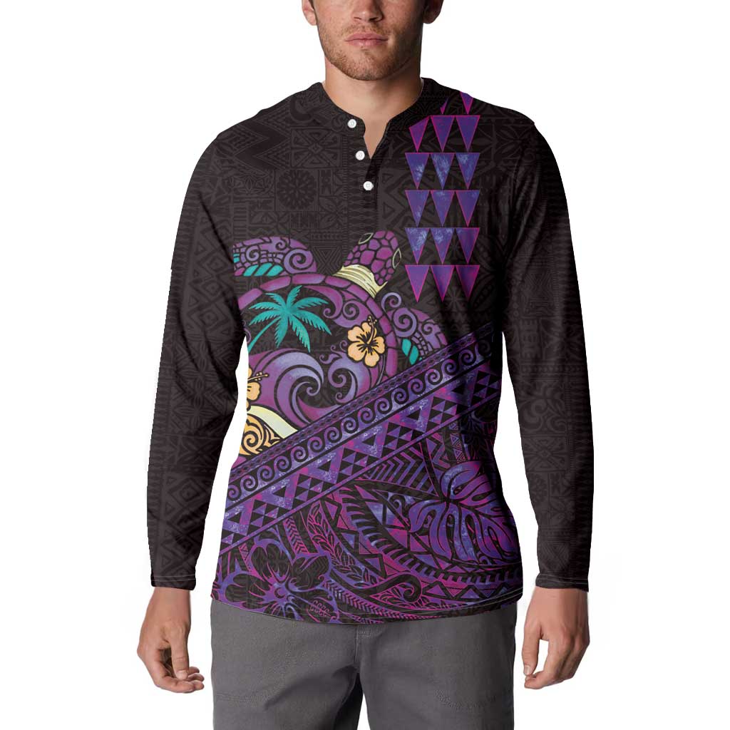 Hawaiian Abstract Sea Turtle Button Sweatshirt Polynesian Tapa Art and Kakau Tattoo Purple WaterColor - Polynesian Pride