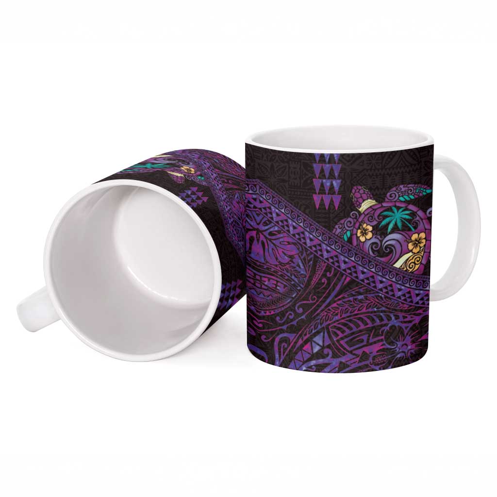 Hawaiian Abstract Sea Turtle Ceramic Mug Polynesian Tapa Art and Kakau Tattoo Purple WaterColor - Polynesian Pride