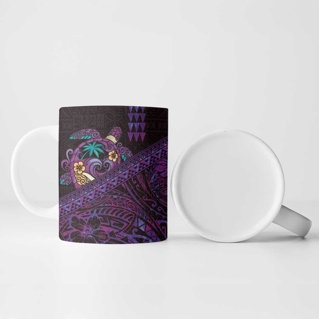 Hawaiian Abstract Sea Turtle Ceramic Mug Polynesian Tapa Art and Kakau Tattoo Purple WaterColor - Polynesian Pride