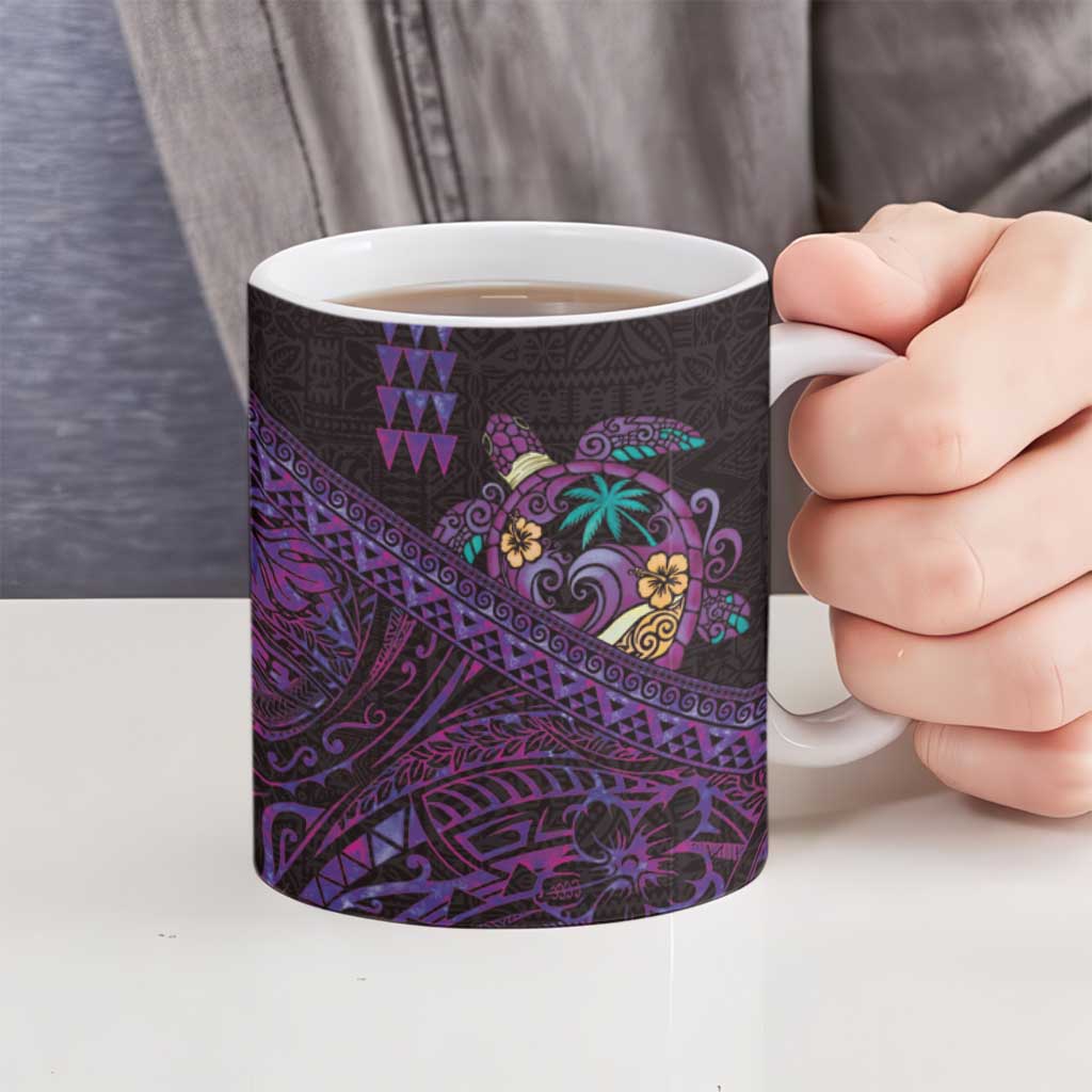 Hawaiian Abstract Sea Turtle Ceramic Mug Polynesian Tapa Art and Kakau Tattoo Purple WaterColor - Polynesian Pride