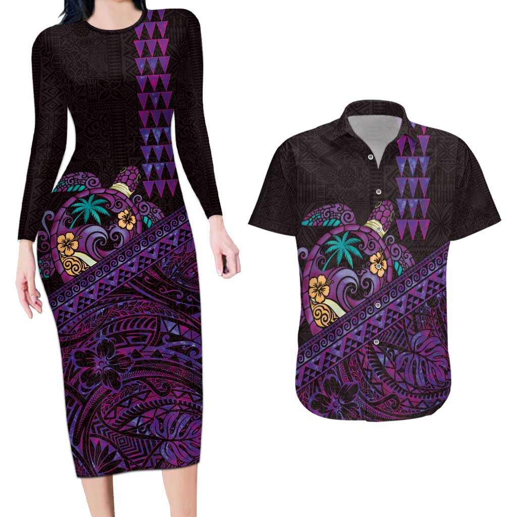 Hawaiian Abstract Sea Turtle Couples Matching Long Sleeve Bodycon Dress and Hawaiian Shirt Polynesian Tapa Art and Kakau Tattoo Purple WaterColor - Polynesian Pride