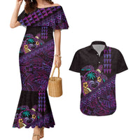 Hawaiian Abstract Sea Turtle Couples Matching Mermaid Dress and Hawaiian Shirt Polynesian Tapa Art and Kakau Tattoo Purple WaterColor - Polynesian Pride