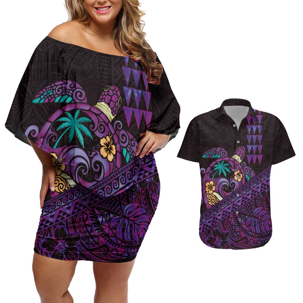 Hawaiian Abstract Sea Turtle Couples Matching Off Shoulder Short Dress and Hawaiian Shirt Polynesian Tapa Art and Kakau Tattoo Purple WaterColor - Polynesian Pride