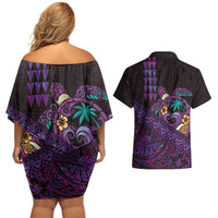 Hawaiian Abstract Sea Turtle Couples Matching Off Shoulder Short Dress and Hawaiian Shirt Polynesian Tapa Art and Kakau Tattoo Purple WaterColor - Polynesian Pride