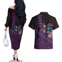 Hawaiian Abstract Sea Turtle Couples Matching Off The Shoulder Long Sleeve Dress and Hawaiian Shirt Polynesian Tapa Art and Kakau Tattoo Purple WaterColor - Polynesian Pride