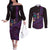 Hawaiian Abstract Sea Turtle Couples Matching Off The Shoulder Long Sleeve Dress and Long Sleeve Button Shirt Polynesian Tapa Art and Kakau Tattoo Purple WaterColor - Polynesian Pride
