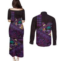 Hawaiian Abstract Sea Turtle Couples Matching Puletasi and Long Sleeve Button Shirt Polynesian Tapa Art and Kakau Tattoo Purple WaterColor - Polynesian Pride