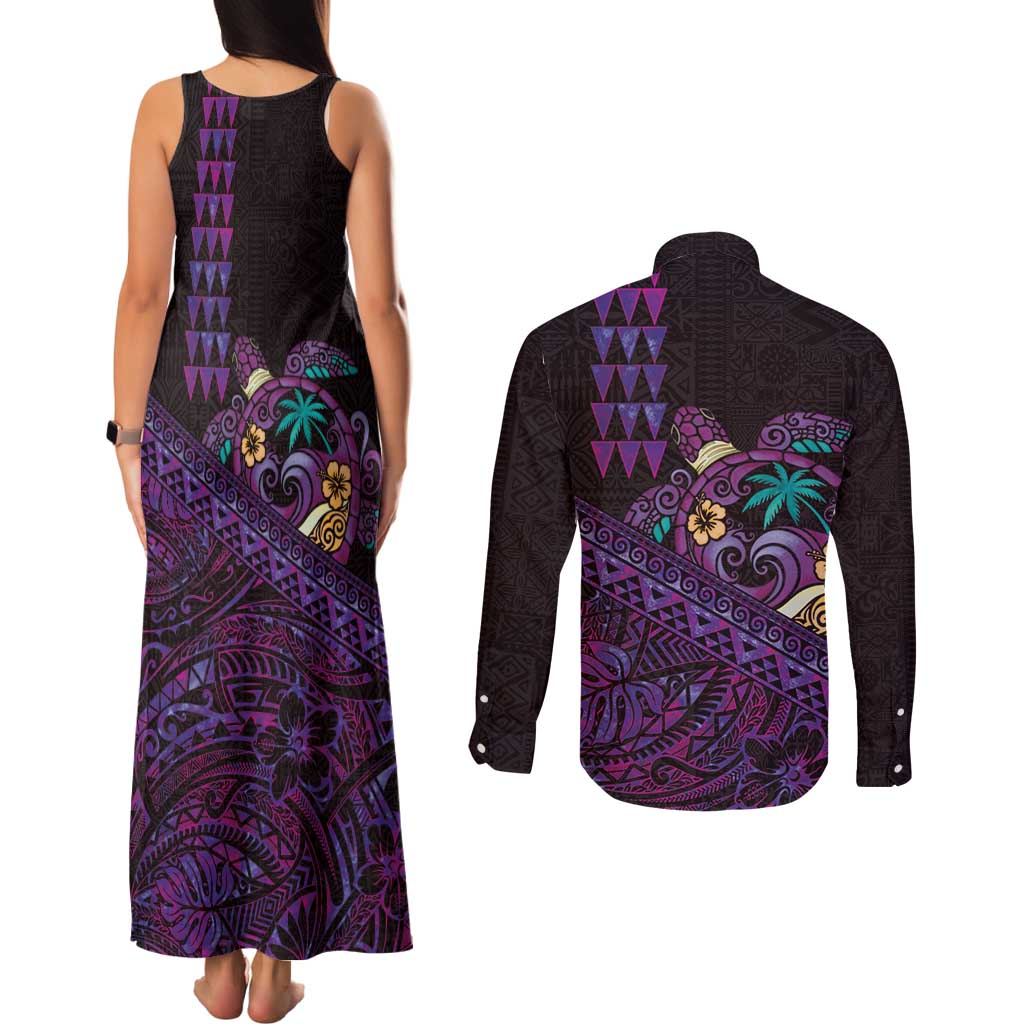 Hawaiian Abstract Sea Turtle Couples Matching Tank Maxi Dress and Long Sleeve Button Shirt Polynesian Tapa Art and Kakau Tattoo Purple WaterColor - Polynesian Pride