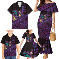 Hawaiian Abstract Sea Turtle Family Matching Mermaid Dress and Hawaiian Shirt Polynesian Tapa Art and Kakau Tattoo Purple WaterColor - Polynesian Pride