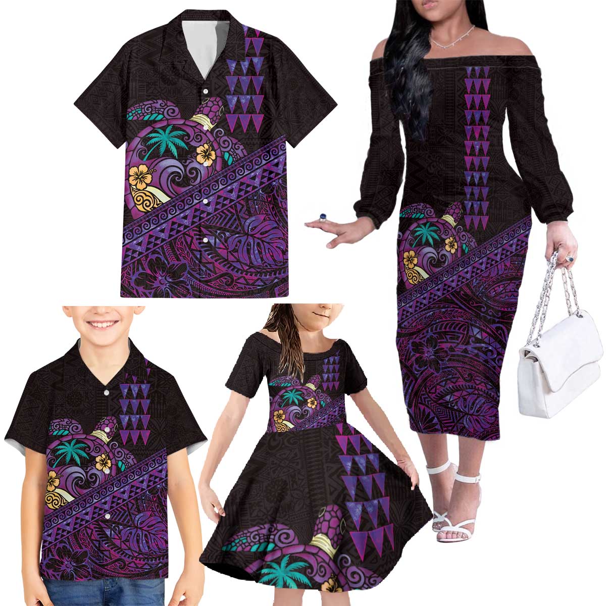 Hawaiian Abstract Sea Turtle Family Matching Off The Shoulder Long Sleeve Dress and Hawaiian Shirt Polynesian Tapa Art and Kakau Tattoo Purple WaterColor - Polynesian Pride