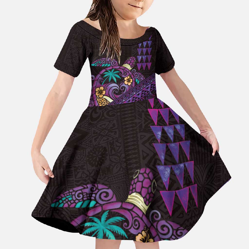 Hawaiian Abstract Sea Turtle Family Matching Off Shoulder Maxi Dress and Hawaiian Shirt Polynesian Tapa Art and Kakau Tattoo Purple WaterColor - Polynesian Pride