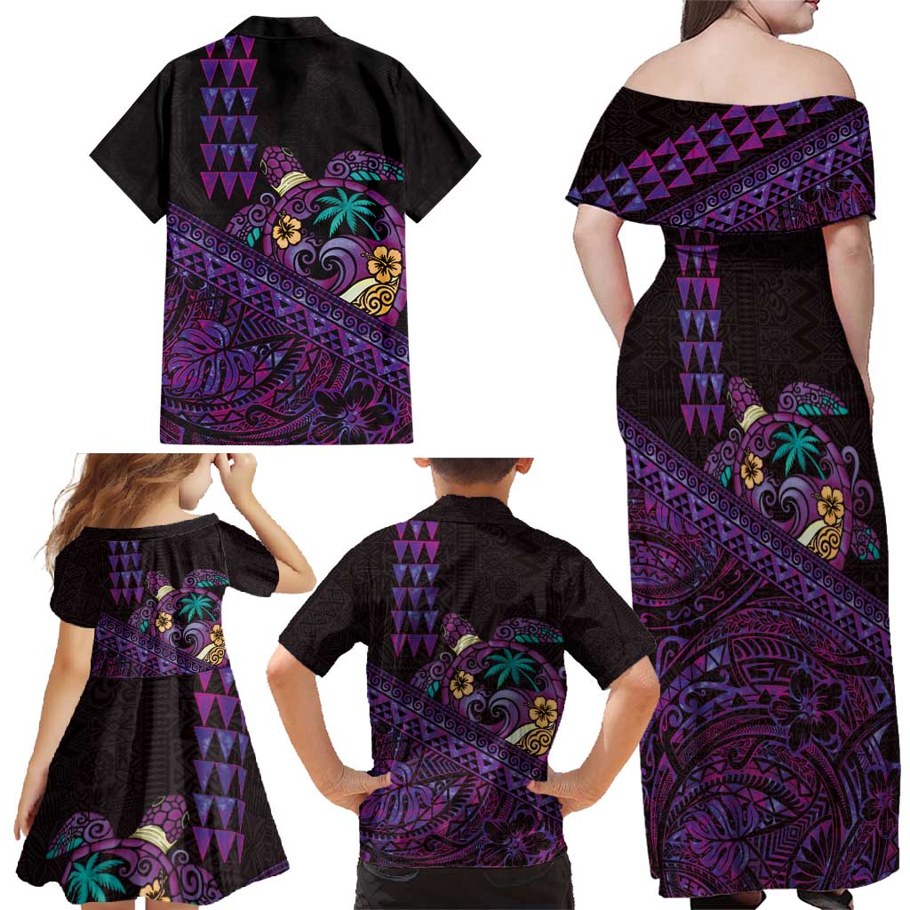 Hawaiian Abstract Sea Turtle Family Matching Off Shoulder Maxi Dress and Hawaiian Shirt Polynesian Tapa Art and Kakau Tattoo Purple WaterColor - Polynesian Pride