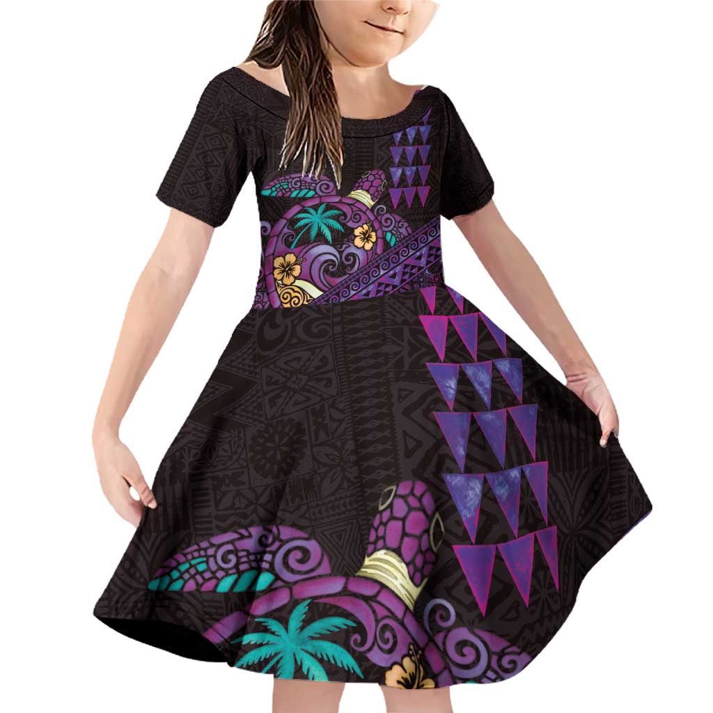 Hawaiian Abstract Sea Turtle Family Matching Off Shoulder Short Dress and Hawaiian Shirt Polynesian Tapa Art and Kakau Tattoo Purple WaterColor - Polynesian Pride