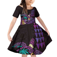 Hawaiian Abstract Sea Turtle Family Matching Off Shoulder Short Dress and Hawaiian Shirt Polynesian Tapa Art and Kakau Tattoo Purple WaterColor - Polynesian Pride