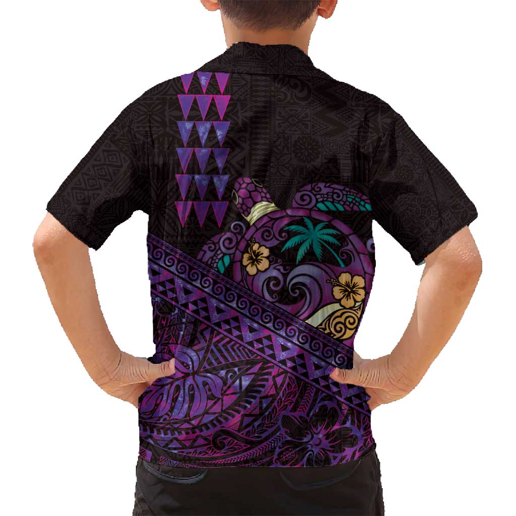 Hawaiian Abstract Sea Turtle Family Matching Puletasi and Hawaiian Shirt Polynesian Tapa Art and Kakau Tattoo Purple WaterColor - Polynesian Pride