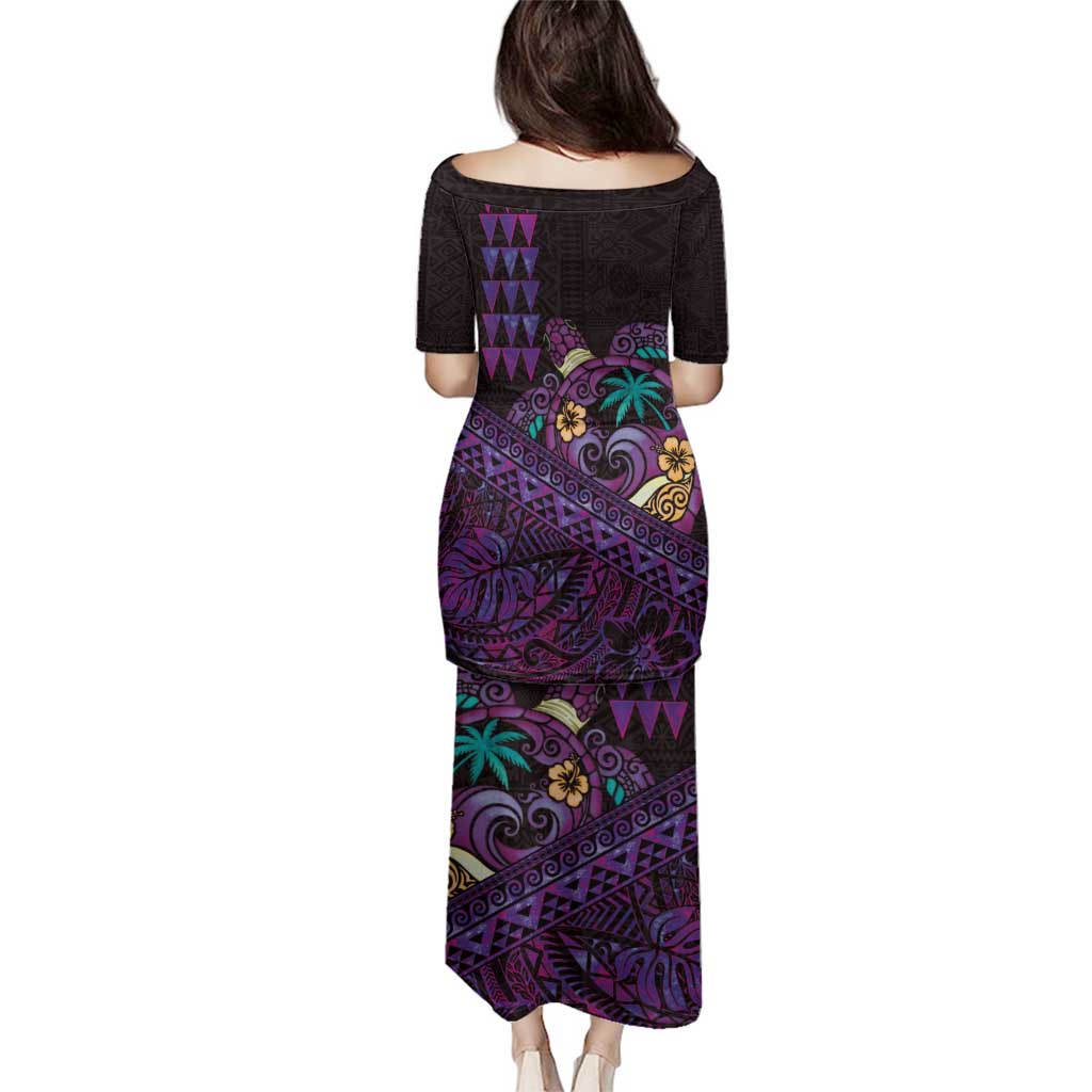 Hawaiian Abstract Sea Turtle Family Matching Puletasi and Hawaiian Shirt Polynesian Tapa Art and Kakau Tattoo Purple WaterColor - Polynesian Pride