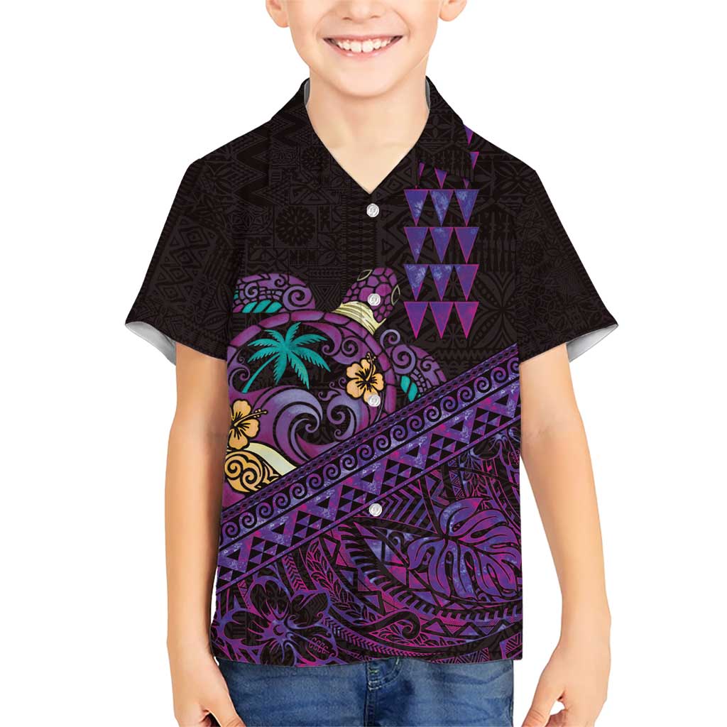Hawaiian Abstract Sea Turtle Family Matching Short Sleeve Bodycon Dress and Hawaiian Shirt Polynesian Tapa Art and Kakau Tattoo Purple WaterColor - Polynesian Pride