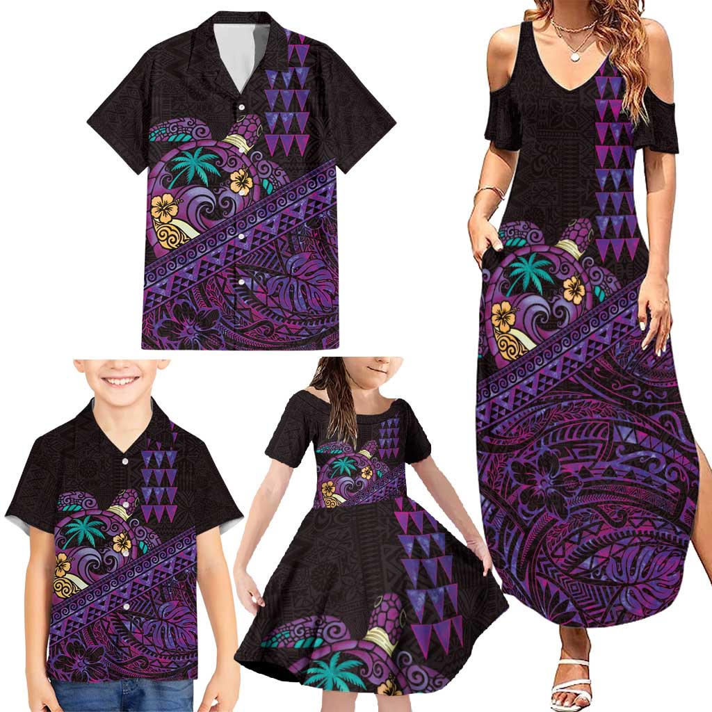 Hawaiian Abstract Sea Turtle Family Matching Summer Maxi Dress and Hawaiian Shirt Polynesian Tapa Art and Kakau Tattoo Purple WaterColor - Polynesian Pride