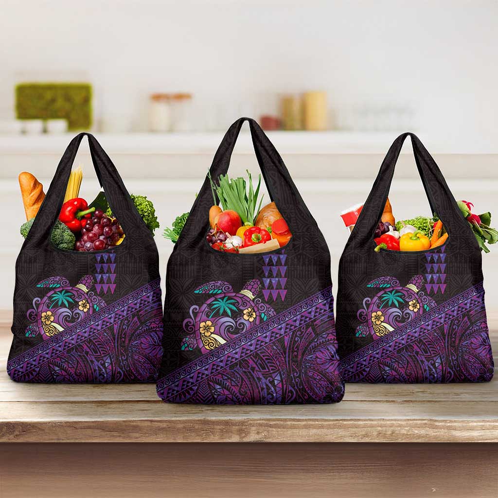 Hawaiian Abstract Sea Turtle Grocery Bag Polynesian Tapa Art and Kakau Tattoo Purple WaterColor - Polynesian Pride