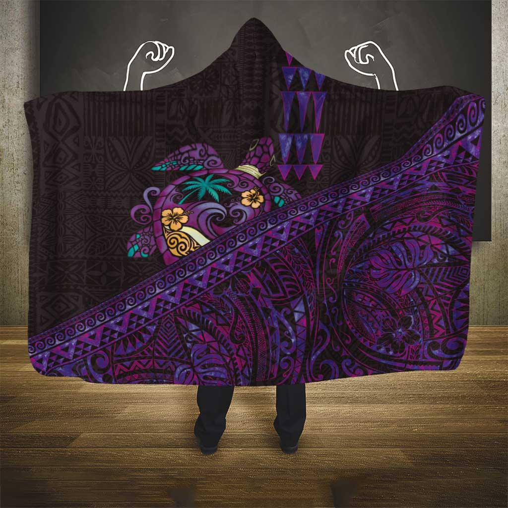 Hawaiian Abstract Sea Turtle Hooded Blanket Polynesian Tapa Art and Kakau Tattoo Purple WaterColor - Polynesian Pride