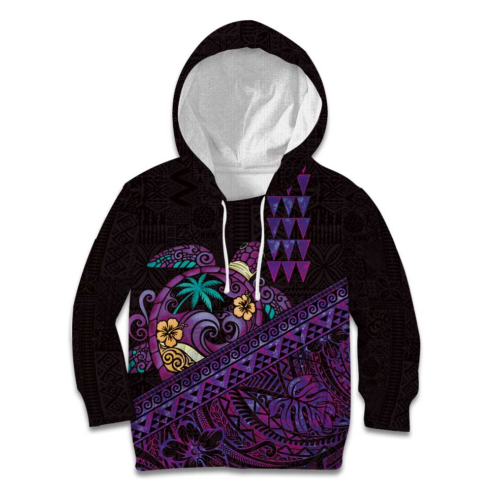 Hawaiian Abstract Sea Turtle Kid Hoodie Polynesian Tapa Art and Kakau Tattoo Purple WaterColor - Polynesian Pride
