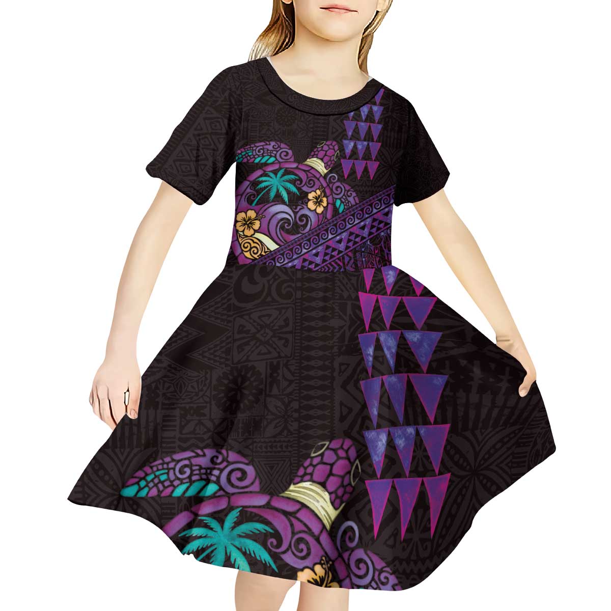 Hawaiian Abstract Sea Turtle Kid Short Sleeve Dress Polynesian Tapa Art and Kakau Tattoo Purple WaterColor - Polynesian Pride