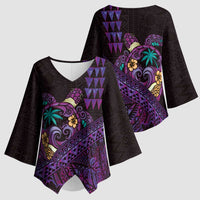 Hawaiian Abstract Sea Turtle Kimono Sleeve Blouse Polynesian Tapa Art and Kakau Tattoo Purple WaterColor - Polynesian Pride
