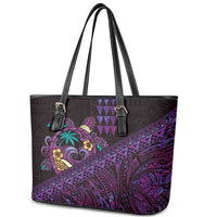 Hawaiian Abstract Sea Turtle Leather Tote Bag Polynesian Tapa Art and Kakau Tattoo Purple WaterColor - Polynesian Pride