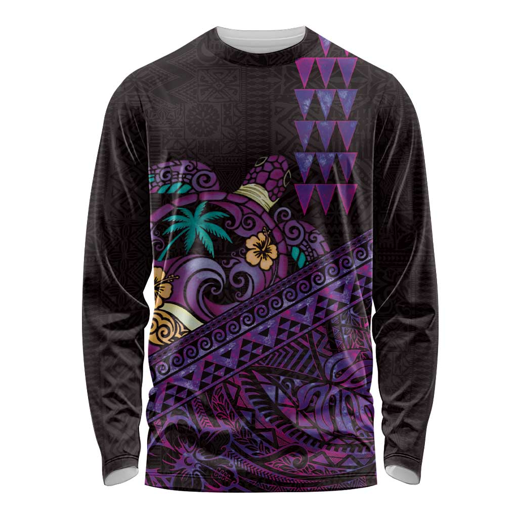 Hawaiian Abstract Sea Turtle Long Sleeve Shirt Polynesian Tapa Art and Kakau Tattoo Purple WaterColor - Polynesian Pride