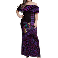 Hawaiian Abstract Sea Turtle Off Shoulder Maxi Dress Polynesian Tapa Art and Kakau Tattoo Purple WaterColor - Polynesian Pride