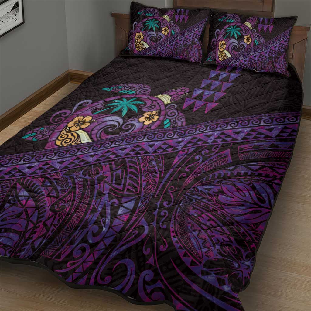 Hawaiian Abstract Sea Turtle Quilt Bed Set Polynesian Tapa Art and Kakau Tattoo Purple WaterColor - Polynesian Pride