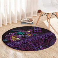 Hawaiian Abstract Sea Turtle Round Carpet Polynesian Tapa Art and Kakau Tattoo Purple WaterColor - Polynesian Pride