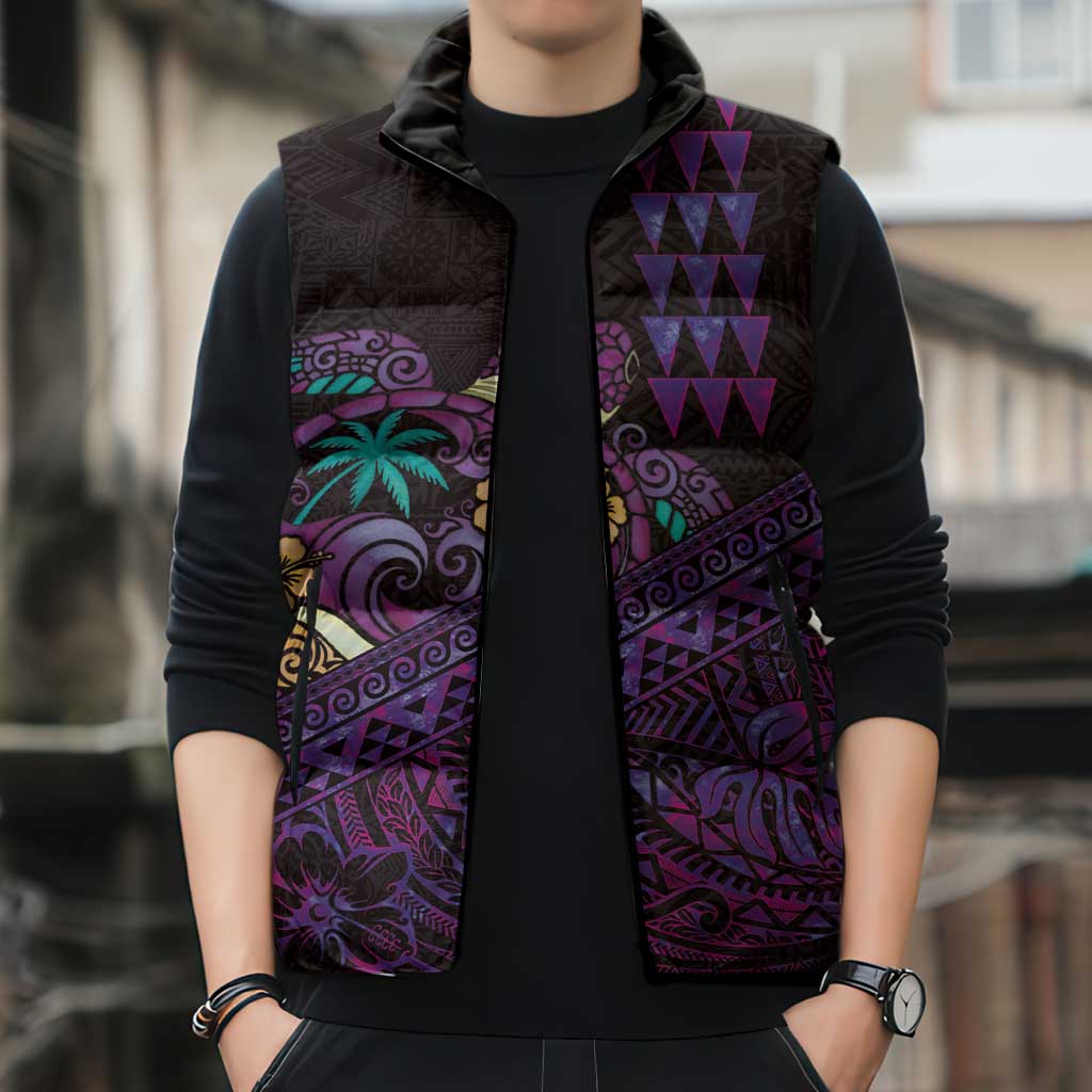 Hawaiian Abstract Sea Turtle Sleeveless Puffer Jacket Polynesian Tapa Art and Kakau Tattoo Purple WaterColor - Polynesian Pride