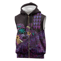 Hawaiian Abstract Sea Turtle Sleeveless Zip Hoodie Polynesian Tapa Art and Kakau Tattoo Purple WaterColor - Polynesian Pride