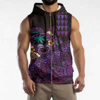 Hawaiian Abstract Sea Turtle Sleeveless Zip Hoodie Polynesian Tapa Art and Kakau Tattoo Purple WaterColor - Polynesian Pride