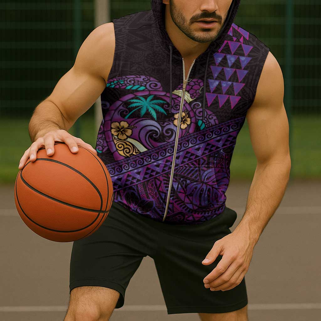 Hawaiian Abstract Sea Turtle Sleeveless Zip Hoodie Polynesian Tapa Art and Kakau Tattoo Purple WaterColor - Polynesian Pride