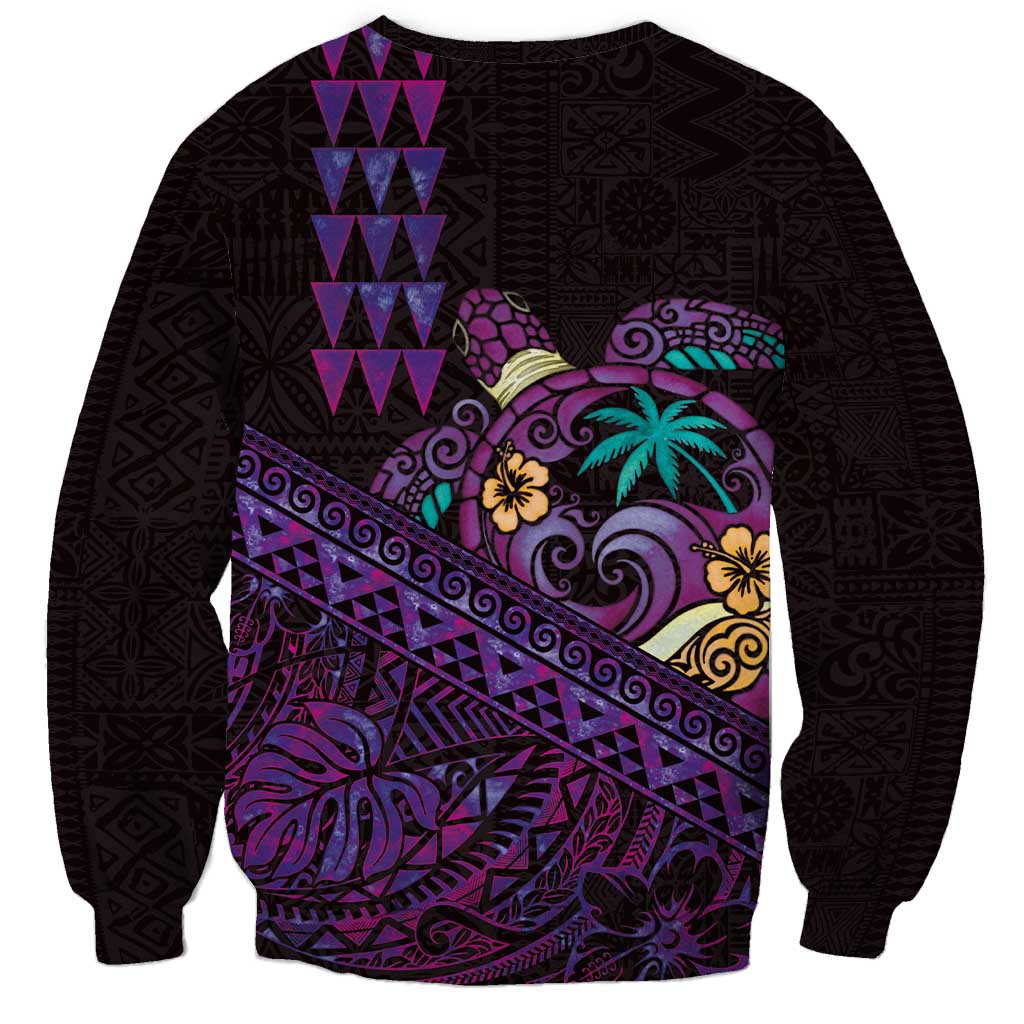 Hawaiian Abstract Sea Turtle Sweatshirt Polynesian Tapa Art and Kakau Tattoo Purple WaterColor - Polynesian Pride