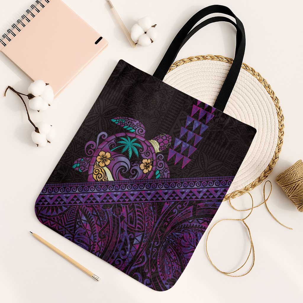 Hawaiian Abstract Sea Turtle Tote Bag Polynesian Tapa Art and Kakau Tattoo Purple WaterColor - Polynesian Pride