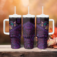 Hawaiian Abstract Sea Turtle Tumbler With Handle Polynesian Tapa Art and Kakau Tattoo Purple WaterColor - Polynesian Pride