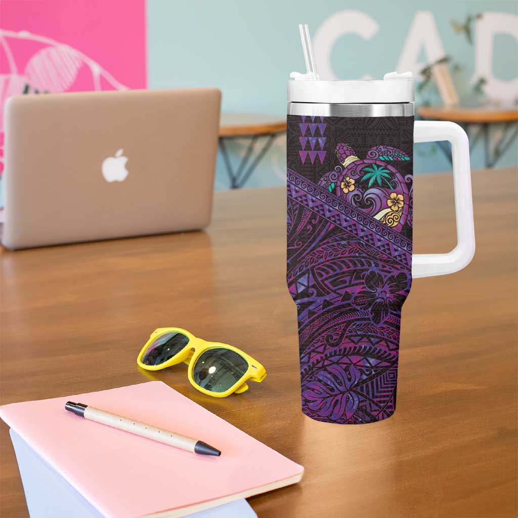 Hawaiian Abstract Sea Turtle Tumbler With Handle Polynesian Tapa Art and Kakau Tattoo Purple WaterColor - Polynesian Pride