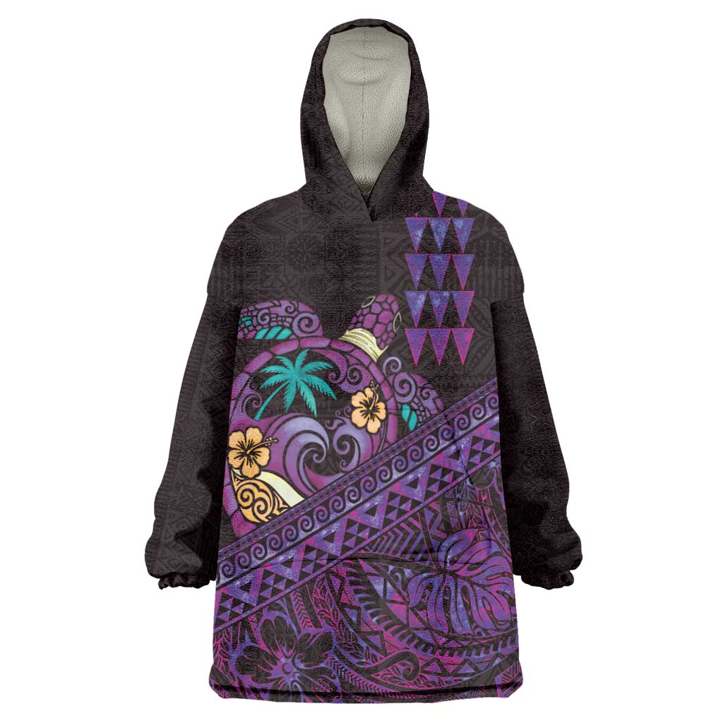 Hawaiian Abstract Sea Turtle Wearable Blanket Hoodie Polynesian Tapa Art and Kakau Tattoo Purple WaterColor - Polynesian Pride