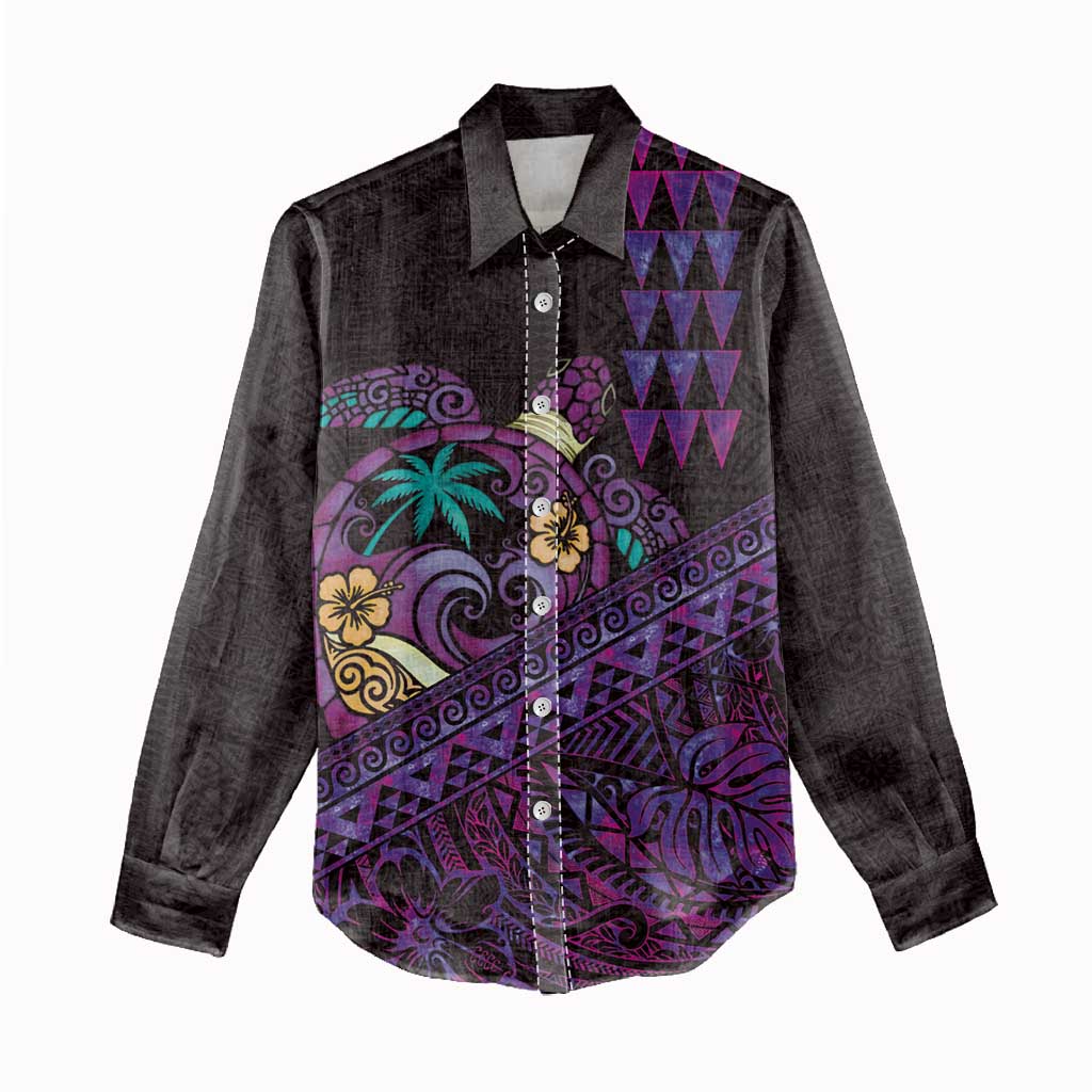 Hawaiian Abstract Sea Turtle Women Casual Shirt Polynesian Tapa Art and Kakau Tattoo Purple WaterColor - Polynesian Pride