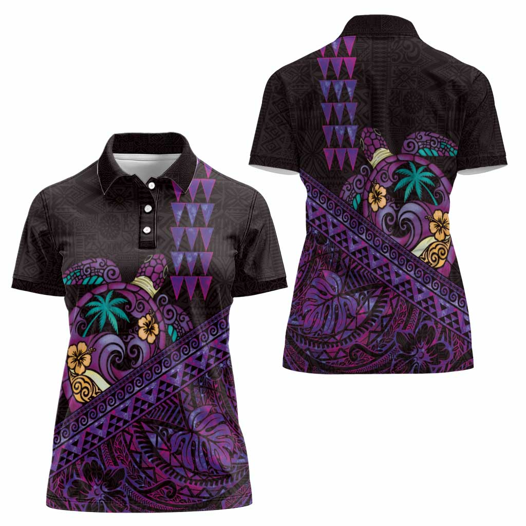 Hawaiian Abstract Sea Turtle Women Polo Shirt Polynesian Tapa Art and Kakau Tattoo Purple WaterColor - Polynesian Pride