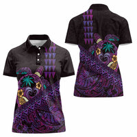 Hawaiian Abstract Sea Turtle Women Polo Shirt Polynesian Tapa Art and Kakau Tattoo Purple WaterColor - Polynesian Pride