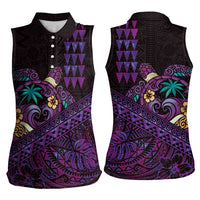 Hawaiian Abstract Sea Turtle Women Sleeveless Polo Shirt Polynesian Tapa Art and Kakau Tattoo Purple WaterColor - Polynesian Pride
