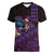 Hawaiian Abstract Sea Turtle Women V-Neck T-Shirt Polynesian Tapa Art and Kakau Tattoo Purple WaterColor - Polynesian Pride